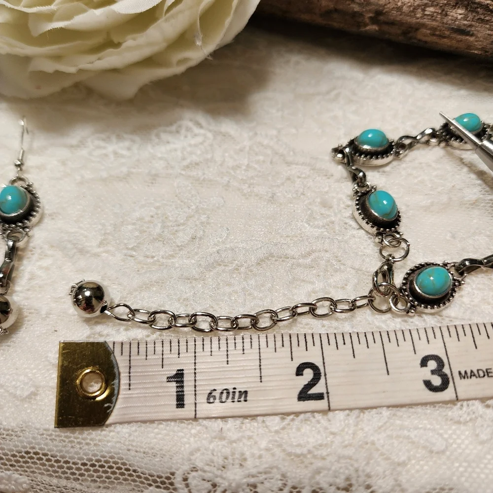 Reworked Hand Crafted Faux Silver and Faux Turquoise Jewelry Set